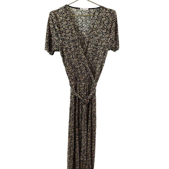 ZARA Black & Marigold Yellow Tan Floral Printed Crinkle Wide Leg Belted Jumpsuit - Picture 3 of 11